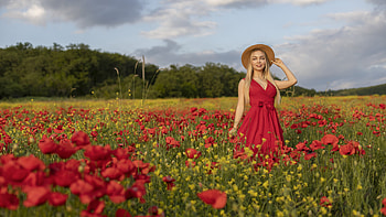 Girl Model Is Standing In Red Yellow Flowers Field Wearing Red Dress And Hat In Sky Background Girls HD wallpaper