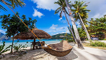 Tropical Beach At The Philippines, sky, hammock, umbrella, palms, sea, clouds HD wallpaper