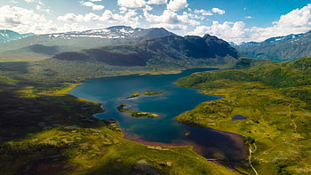Jotunheimen, Norway, hills, scandinavia, clouds, landscape, sky, mountains, water HD wallpaper