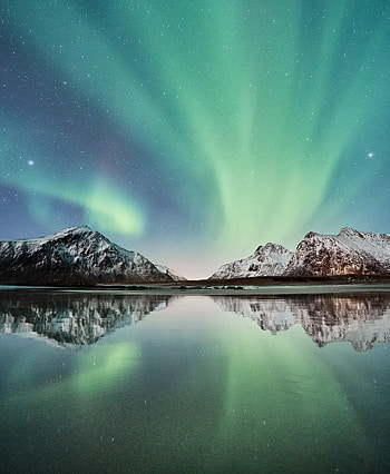 Northern lights, snow mountains, reflections, lake, reflections HD phone wallpaper