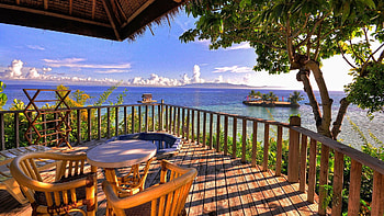 Island view, island, table, ocean, terrace HD wallpaper