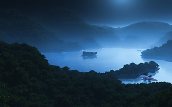 Moonlight, forest, hills, lake, fog HD wallpaper