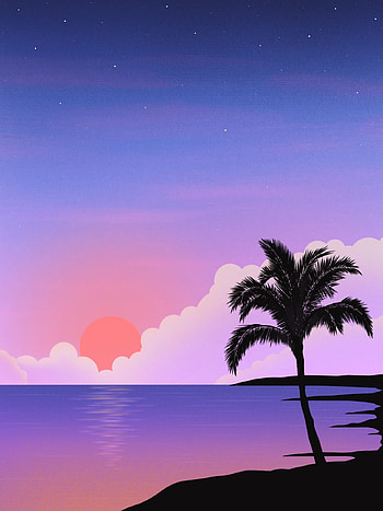 Sunset, Art, Sea, Palm, Island HD phone wallpaper