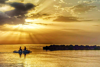 Boating at Sunset, boat, nature, water, sunset HD wallpaper