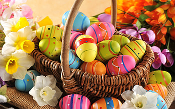 Happy Easter!, flower, basket, egg, colorful, card, easter, spring HD wallpaper