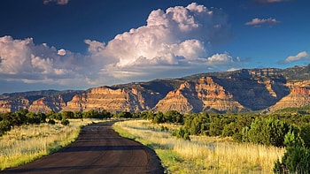 superb road to landscape, clouds, road, mountains, plains HD wallpaper