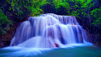 WATERFALL, TREES, NATURE, WATER, BLUE HD wallpaper