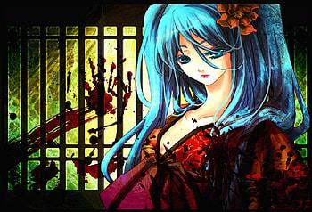 miku havin fun..., miku, scary, not sure, flower, kimo, ok, blood, murder HD wallpaper