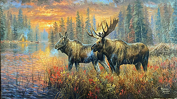 Majestic Moose, sky, sunset, artwork, painting, trees, clouds HD wallpaper