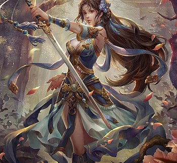 Fantasy Lady, cute, long hair, dress, beauty, lady, abstract, petals, trees, fantasy woman, female, sword, bleu, beautiful, black hair, woman, fantasy, forest HD wallpaper