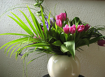 Flowers, Leaves, Tulips, Greens, Bouquet, Wall, Vase HD wallpaper