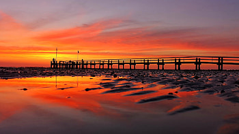 Sunset at the North Sea, Germany, colors, pier, clouds, sky, beach HD wallpaper