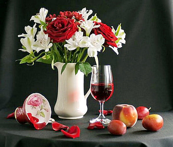 Wine fruit and flowers, white, pitcher, red, fruit, flowers, wine HD wallpaper