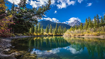 Dead Man's Flats, Near Canmore, Bighorn, Alberta, reflections, clouds, trees, sky, canada, water, mountains HD wallpaper