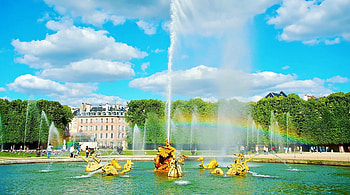 fountain and garden of verssailles, gardens, castle, rainbow, fountain HD wallpaper
