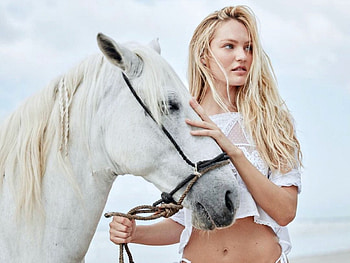 Candice Swanepoel, horse, white, model, blonde HD wallpaper