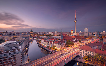 Berlin Skyline, Evening sunset, Spree river, German cityscape HD wallpaper