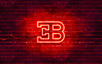 Bugatti red logo, , red brickwall, Bugatti logo, cars brands, Bugatti neon logo, Bugatti HD wallpaper