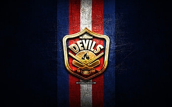 Nijmegen Devils, golden logo, BeNe League, blue metal background, dutch hockey team, Nijmegen Devils logo, hockey HD wallpaper