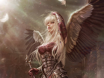 The sunset of darkness, fantasy, wings, brown, kyu yong eom, art, angel, luminos HD wallpaper