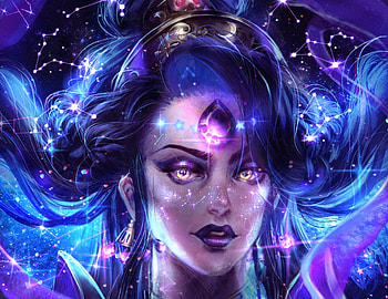 Nyx, amandine fernandes, pink, fantasy, face, girl, night, blue, stars, luminos HD wallpaper