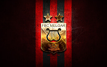 FBC Melgar, golden logo, Liga 1 Apertura, red metal background, football, peruvian football club, FBC Melgar logo, soccer, Melgar FC HD wallpaper
