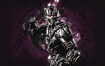 Triborg Smoke, Mortal Kombat Mobile, Triborg Smoke MK Mobile, Mortal Kombat, purple stone background, Mortal Kombat Mobile characters, grunge art, Triborg Smoke Mortal Kombat HD wallpaper