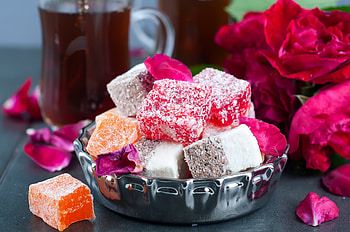 Turkish delice, pink, food, flower, sweet, dessert HD wallpaper