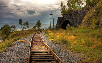 Nature, Grass, Pebble, Railway, Arch, Pillars, Posts, Rails HD wallpaper