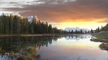 glorious alpine lake in italy, house, clouds, mountains, forest, lake HD wallpaper
