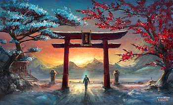 Dawn, fantasy, man at gate, sunrise, art HD wallpaper