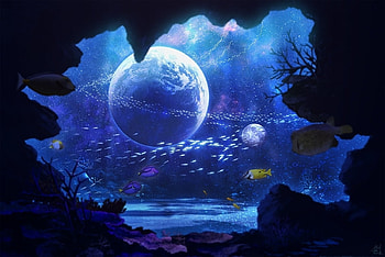 Underwater moon, blue, lunafish, mocha, anime, moon, underwater, manga HD wallpaper