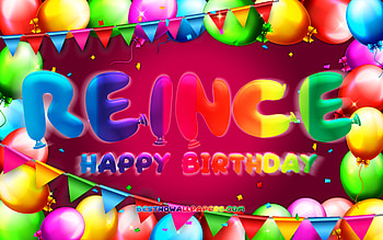 Happy Birtay Reince, , colorful balloon frame, Reince name, purple background, Reince Happy Birtay, Reince Birtay, popular german female names, Birtay concept, Reince HD wallpaper