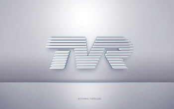 TVR 3d white logo, gray background, TVR logo, creative 3d art, TVR, 3d emblem HD wallpaper