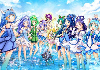 Precure All Stars, blue, cute, ladies, long hair, dress, beauty, beach, water, ocean, female, sweet, white, art, smile, beautiful, purple, anime, pretty, green, yellow, clouds, sky, girls, women, lovely HD wallpaper