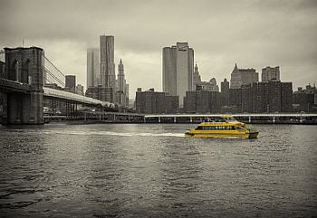Yellow boat, New York City, USA, Brooklyn Bridge HD wallpaper