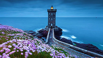 Spring at the lighthouse, sea, flowers, blossoms, coast HD wallpaper
