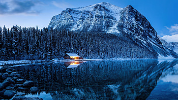 Winter Scene On The Lake Louise , lake, winter, reflection, house, nature HD wallpaper