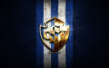 Cartagines FC, golden logo, Liga FPD, blue metal background, football, Costa Rican football club, Cartagines FC logo, soccer, CS Cartagines, Costa Rica Primera Division, Club Sport Cartagines HD wallpaper