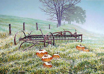 First Frost, meadow, plug, pumpkins, mist, painting, trees HD wallpaper