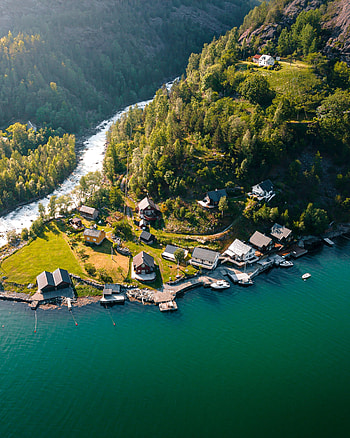Nature, Rivers, Coast, Hills, Settlement HD phone wallpaper