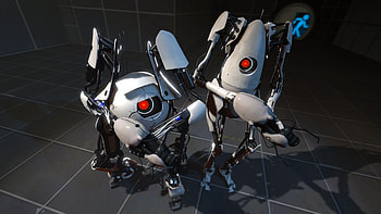 portal 2, robots, gun, friends HD wallpaper