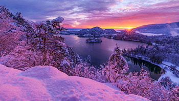 Winter Morning At Lake Bled, slovenia, snow, colors, clouds, landscape, trees, sky, mountains HD wallpaper