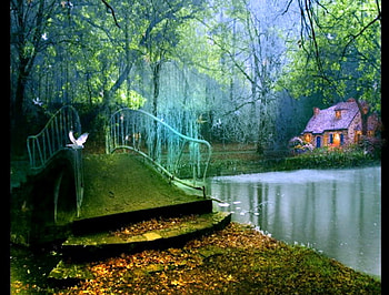 Cottage in the glen, birds, walkway, abstract, bridge, trees, flowers, cottage, water, forest HD wallpaper