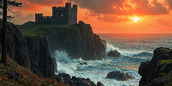 Sunset Majesty: Coastal Castle Landscape, landscape, sea HD wallpaper