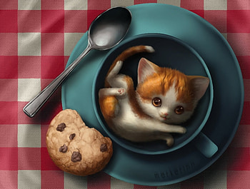 Kitten in a cup, blue, kitten, merkerinn, frumusete, art, cute, cookie, mini, cat, malwina kwiatkowska, cup, pisici, fantasy, red HD wallpaper
