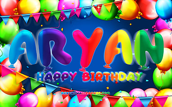 Happy Birtay Aryan, , colorful balloon frame, Aryan name, blue background, Aryan Happy Birtay, Aryan Birtay, popular american male names, Birtay concept, Aryan HD wallpaper