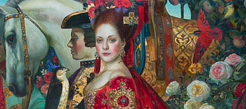 :), people, olga suvorov, woman, horse, art, man, cal, girl, painting, pictura, red HD wallpaper
