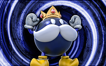 Bob-omb, blue grunge background, vortex, Super Mario, mechanical bombs, Super Mario characters, Super Mario Bros, Bob-omb Super Mario HD wallpaper