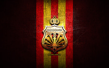 Bhayangkara Solo FC, golden logo, Indonesia Liga 1, red metal background, football, Indonesian football club, Bhayangkara Solo logo, soccer, Bhayangkara Solo HD wallpaper